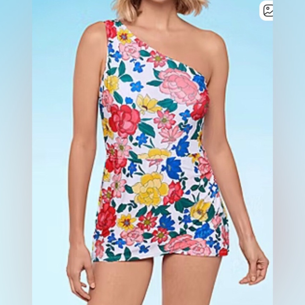 Liz Claiborne White Floral One-Shoulder Swimdress